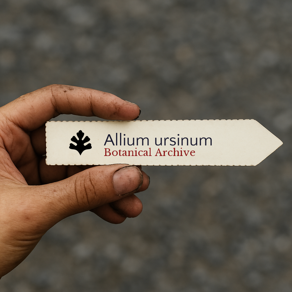 Etichetta per piante stampata per Allium ursinum tenuta a mano con sfondo sfocato