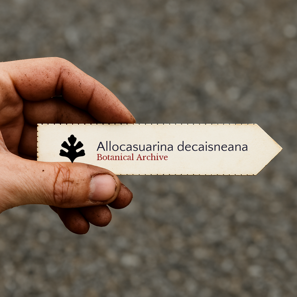 Etichetta per piante stampata per Allocasuarina decaisneana tenuta in mano con sfondo di terra