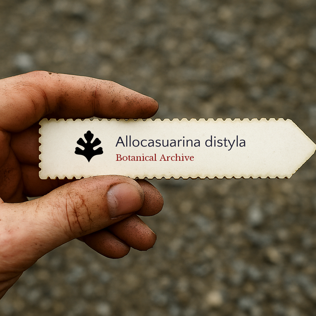 Etichetta per pianta stampata per Allocasuarina distyla tenuta da una mano sporca all'aperto