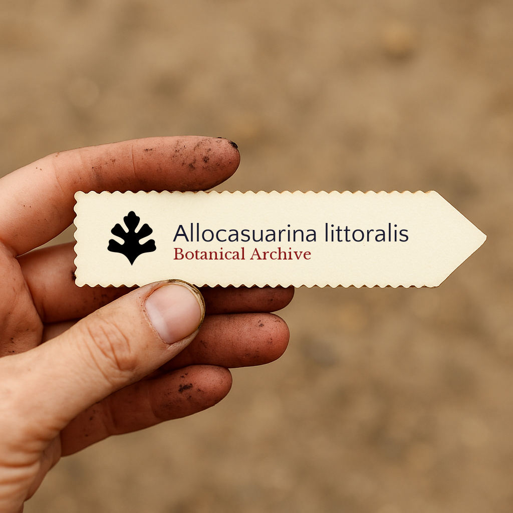 Etichetta stampata per pianta di Allocasuarina littoralis tenuta a mano con dita macchiate di terra