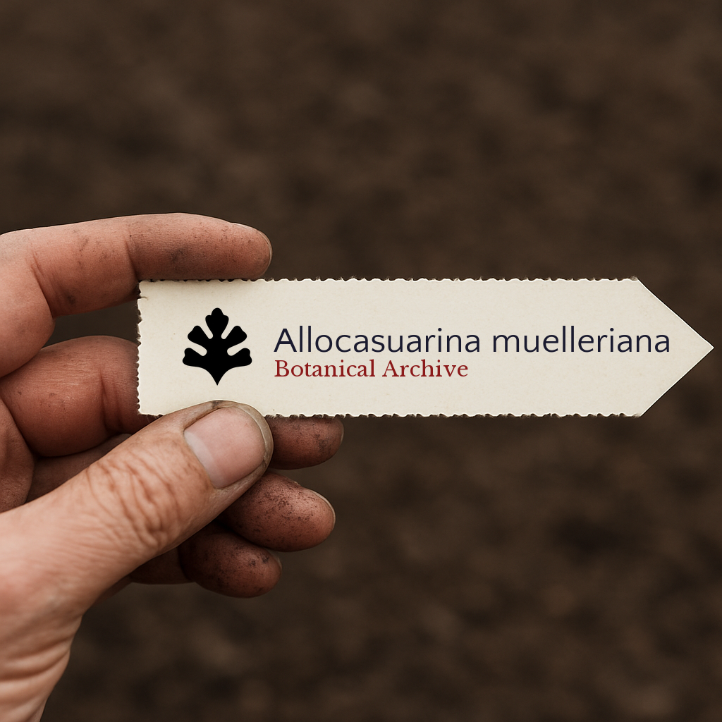 Etichetta a stampa per pianta di Allocasuarina muelleriana tenuta a mano con sfondo di terreno