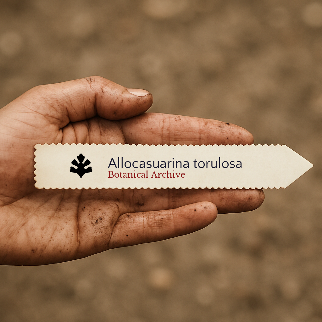 Etichetta stampata per pianta di Allocasuarina torulosa tenuta in mano con sfondo di terra