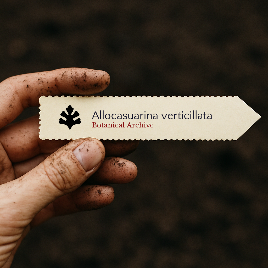 Printed plant label for Allocasuarina verticillata held by dirty hand over soil background