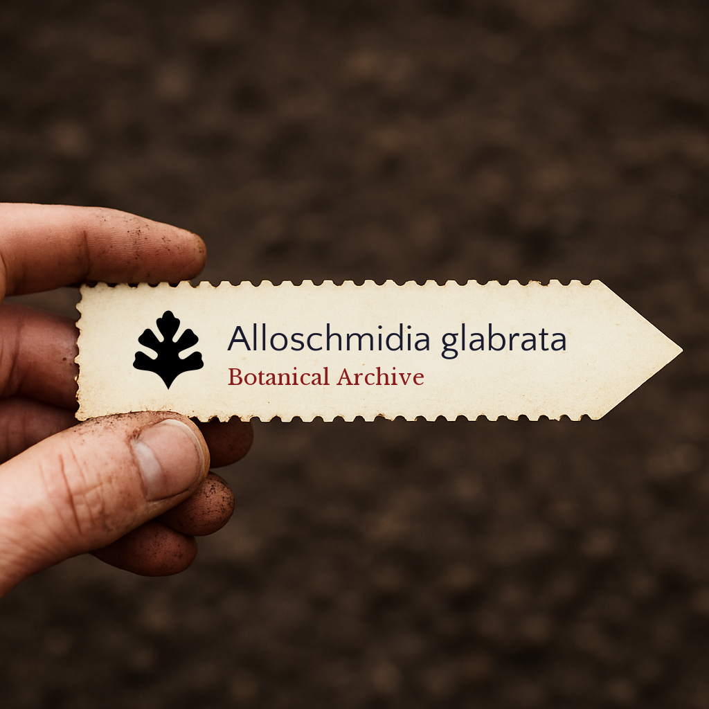 Printed plant label for Alloschmidia glabrata with botanical archive logo held over soil background