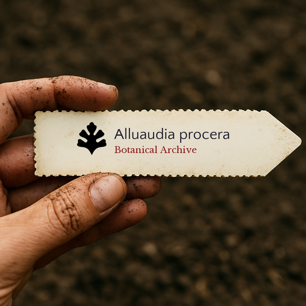 Etichetta botanica stampata per Alluaudia procera tenuta da mano sporca su sfondo di terreno