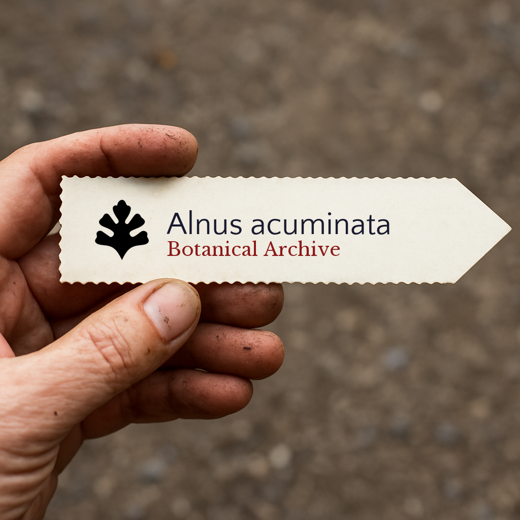 Printed plant label for Alnus acuminata held by hand with dirt background