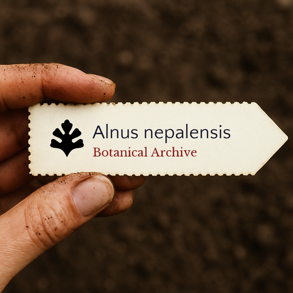 Etichetta stampata per pianta di Alnus nepalensis tenuta in mano con sfondo di terreno