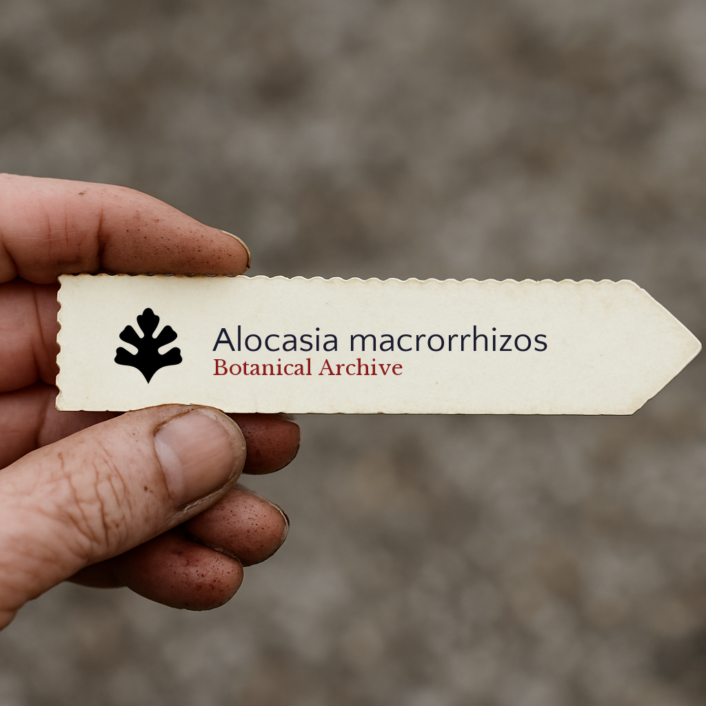Etichetta per piante stampata per Alocasia macrorrhizos con il logo Botanical Archive tenuta a mano