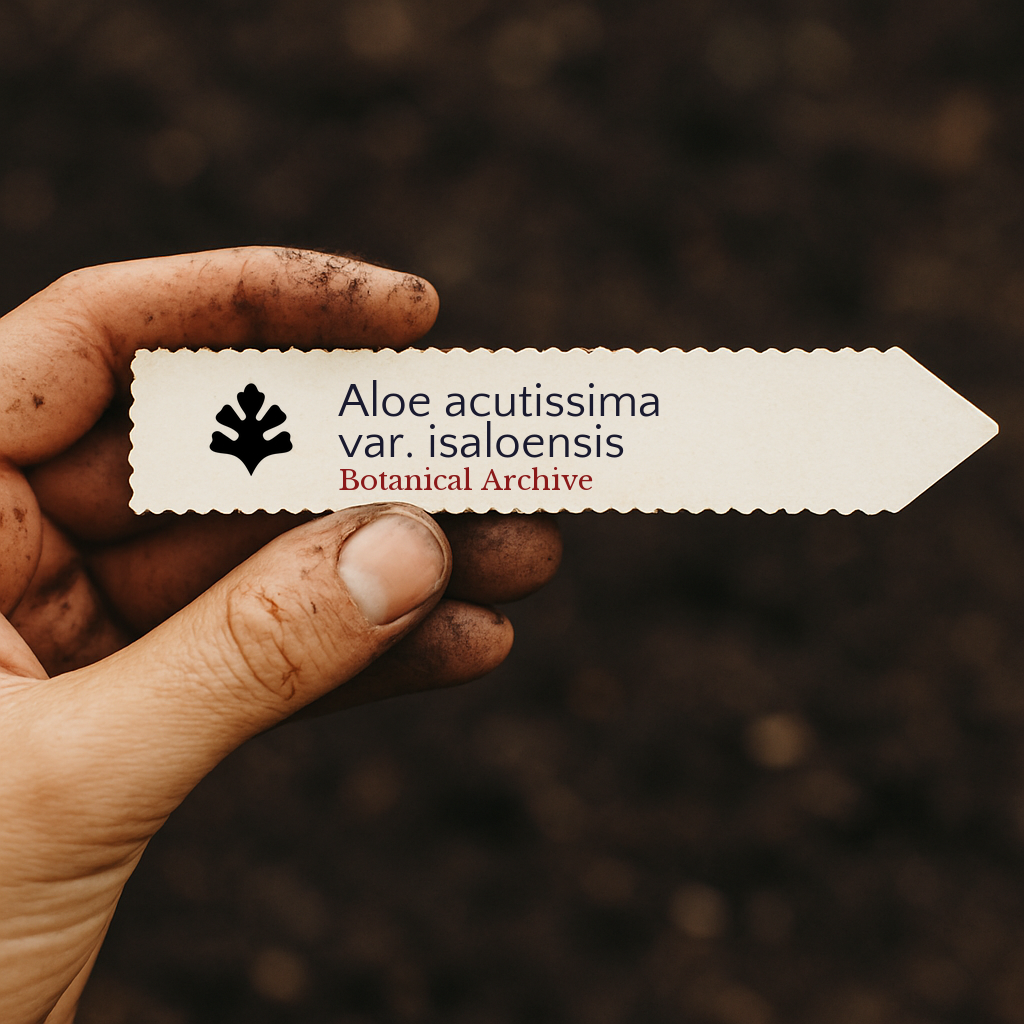 Printed plant label for Aloe acutissima var. isaloensis held by dirty hand over soil background