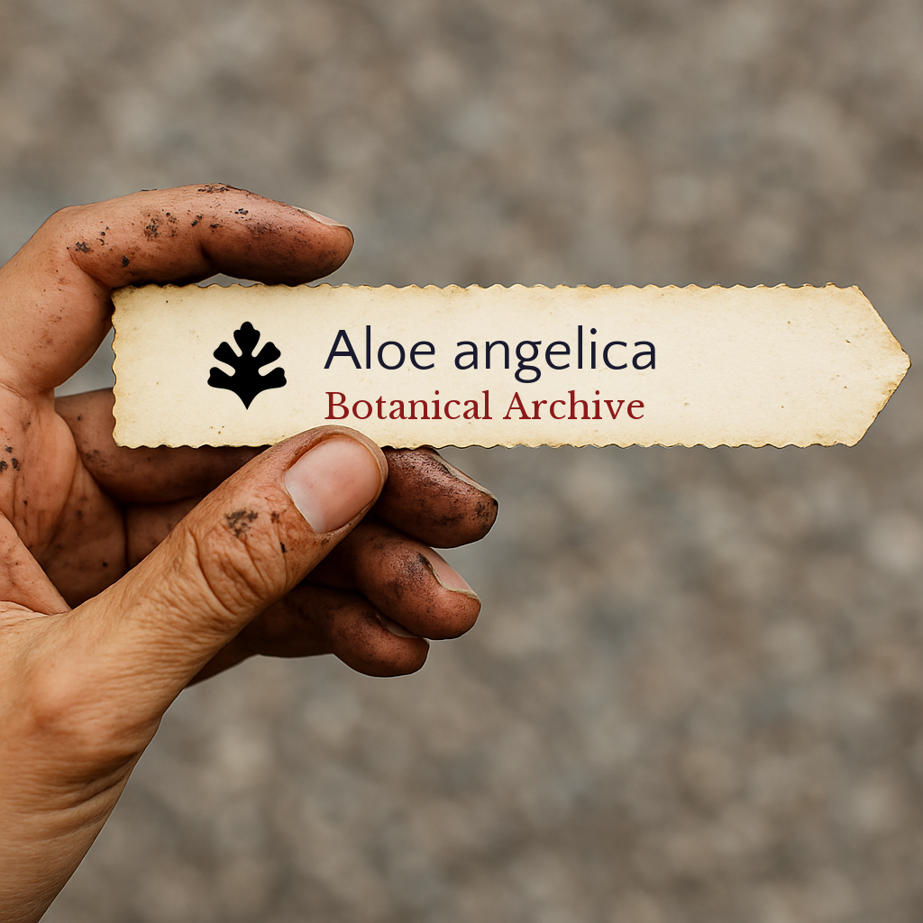 Etichetta stampata per pianta di Aloe angelica tenuta da mano sporca con sfondo sfocato