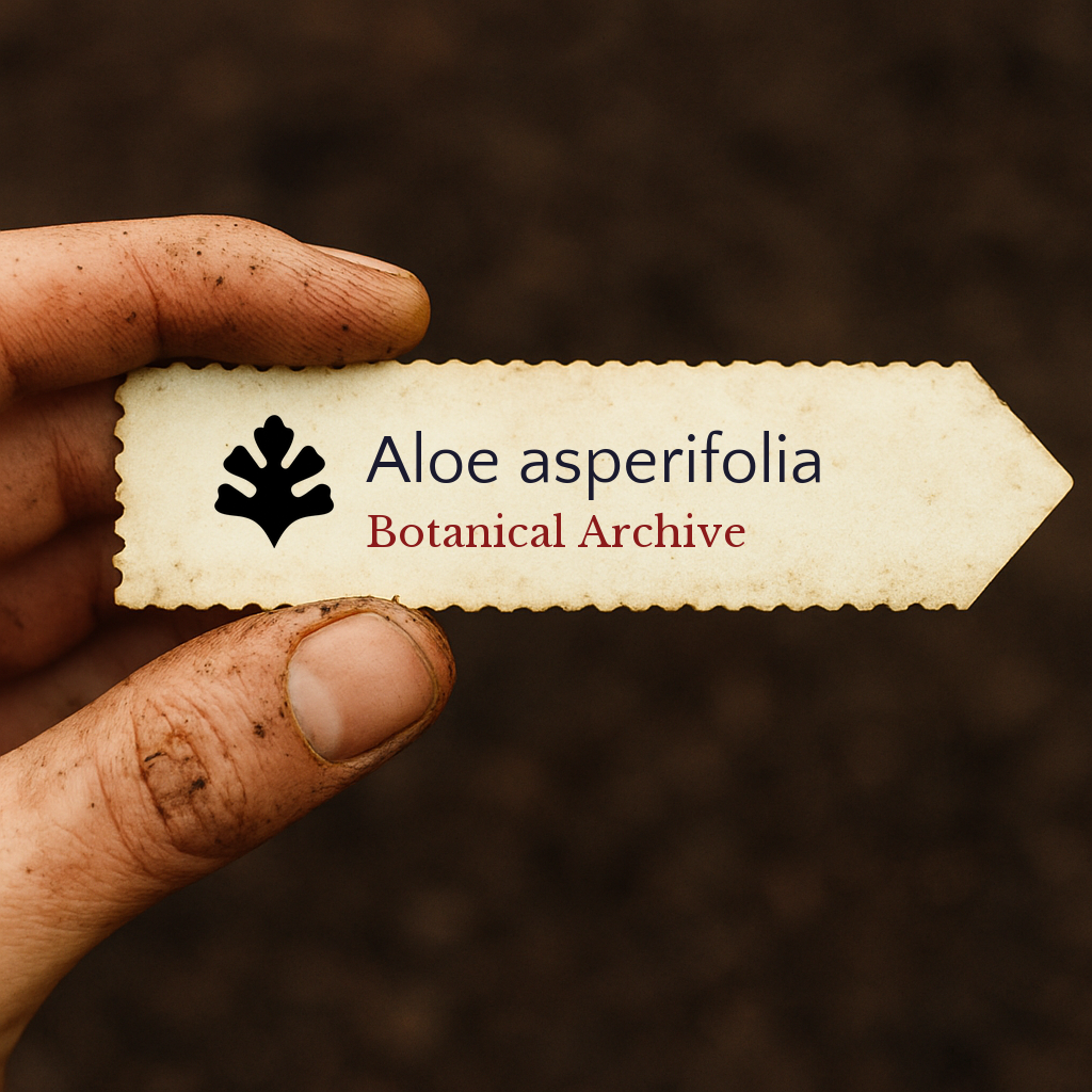 Printed plant label for Aloe asperifolia with botanical archive logo held by dirty hand