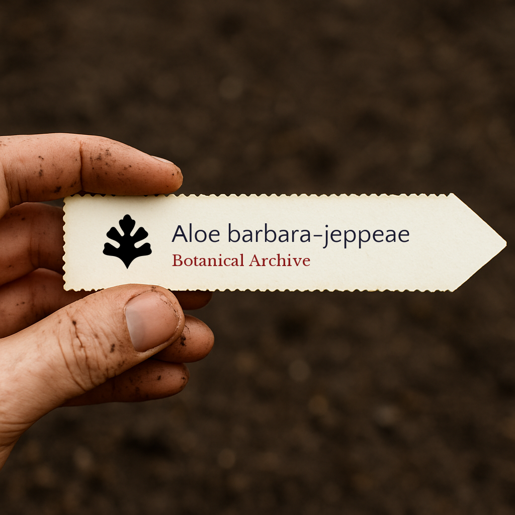 Etichetta stampata per pianta Aloe barbara-jeppeae tenuta a mano con sfondo di terra