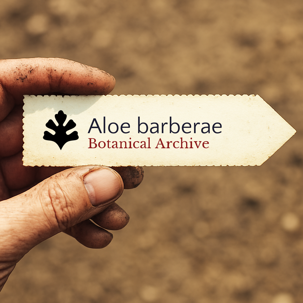Printed plant label for Aloe barberae Botanical Archive held by dirty hand