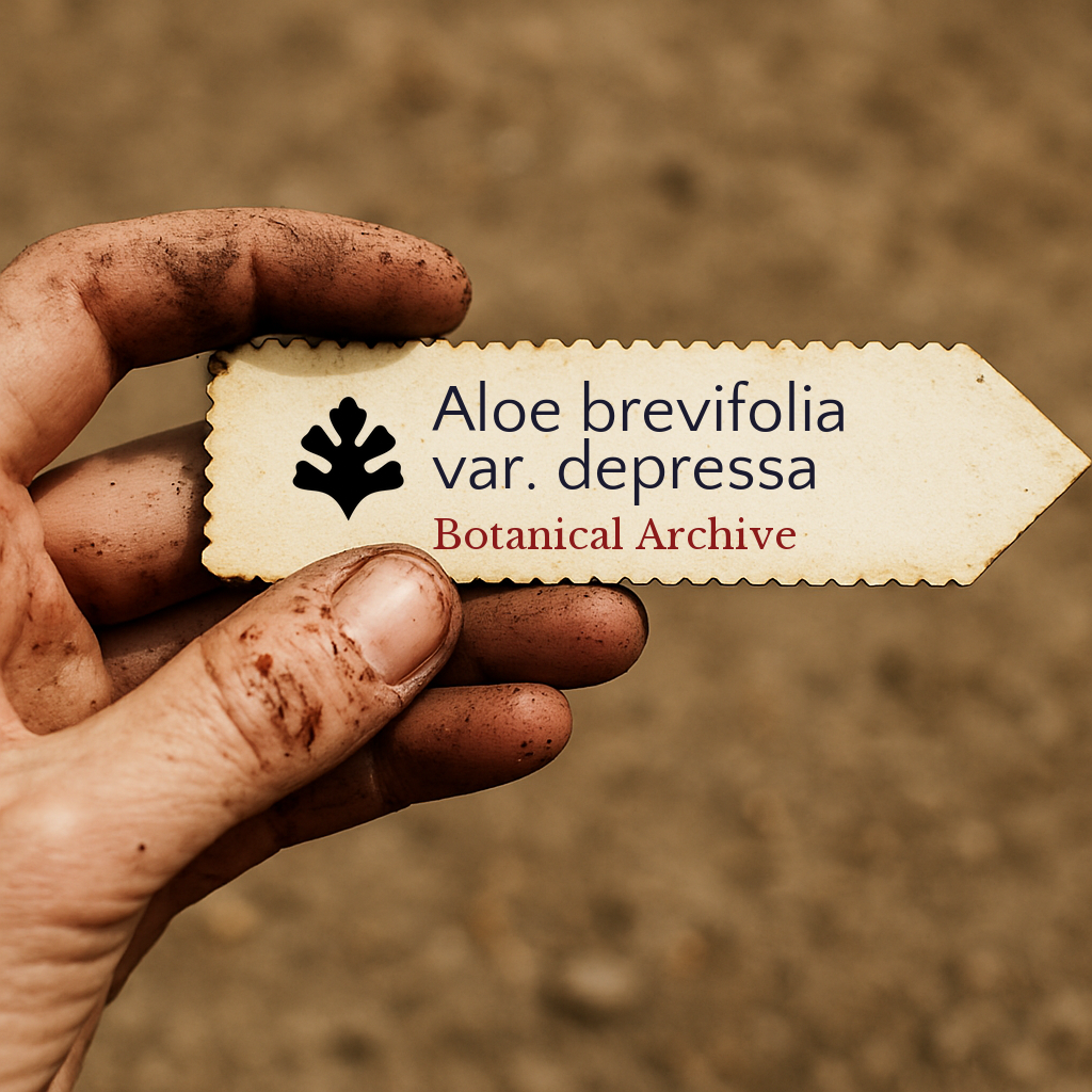 Etichetta per piante stampata per Aloe brevifolia var. depressa tenuta da mano sporca all'aperto