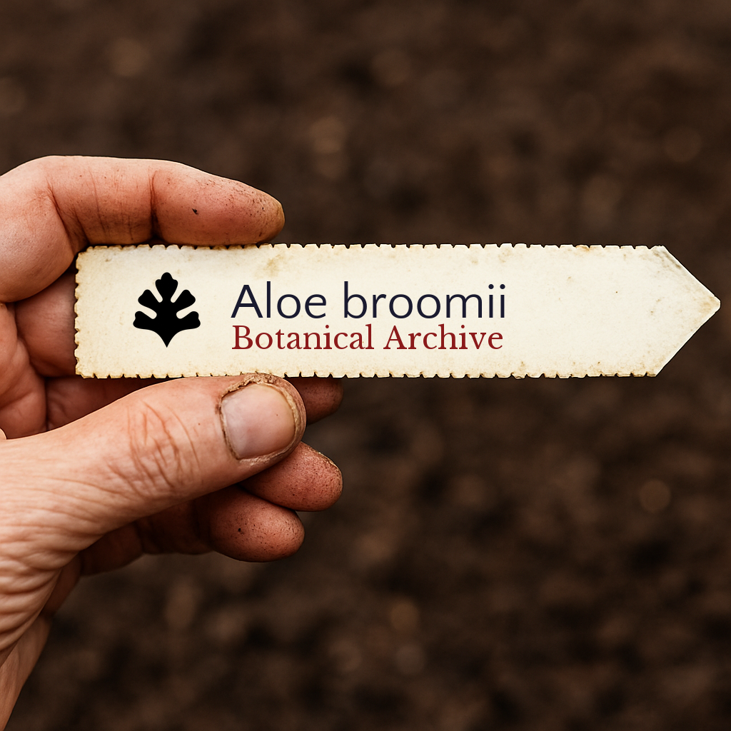 Handheld vintage plant label for Aloe broomii with botanical archive logo on soil background