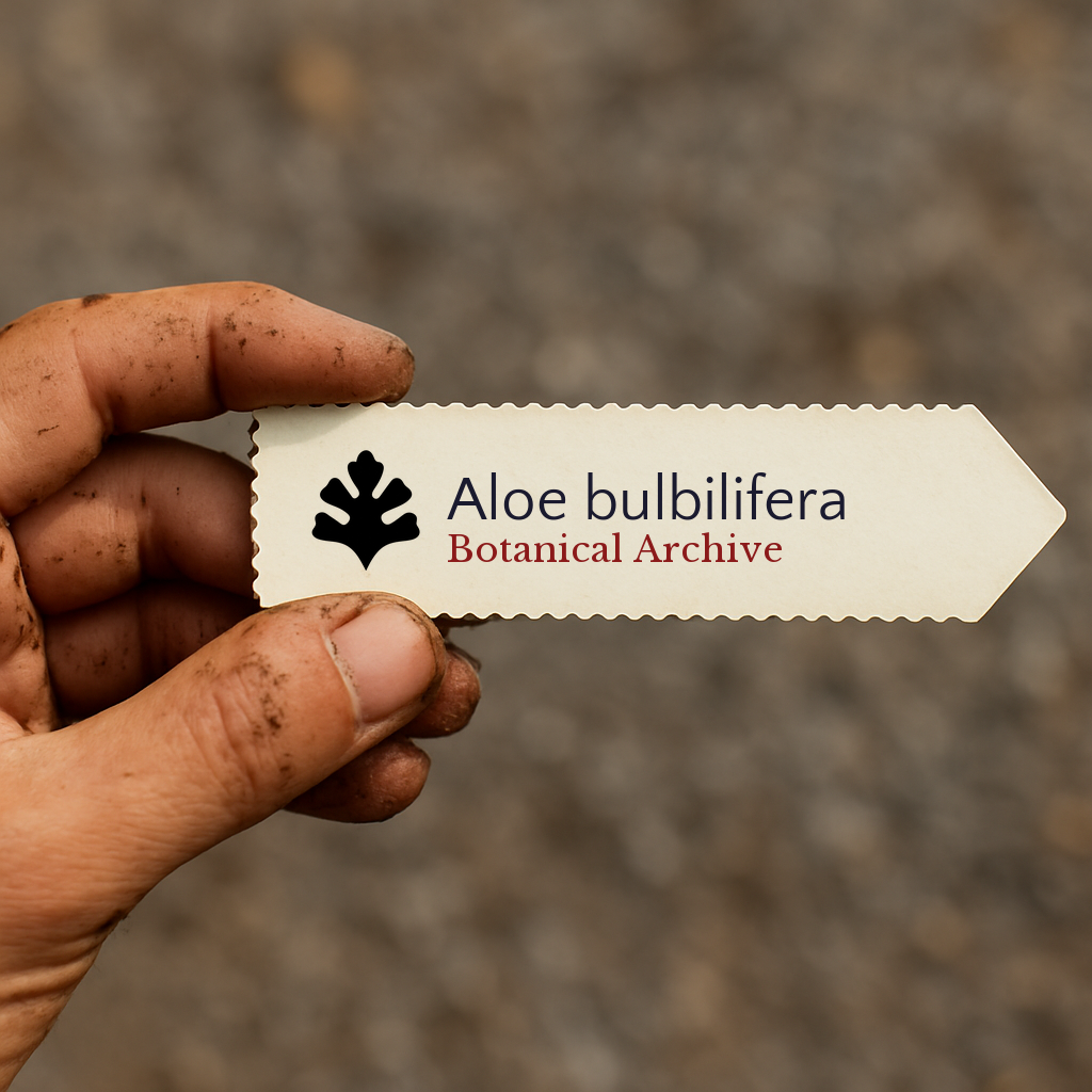 Printed plant label for Aloe bulbilifera held by dirty hand against blurred background