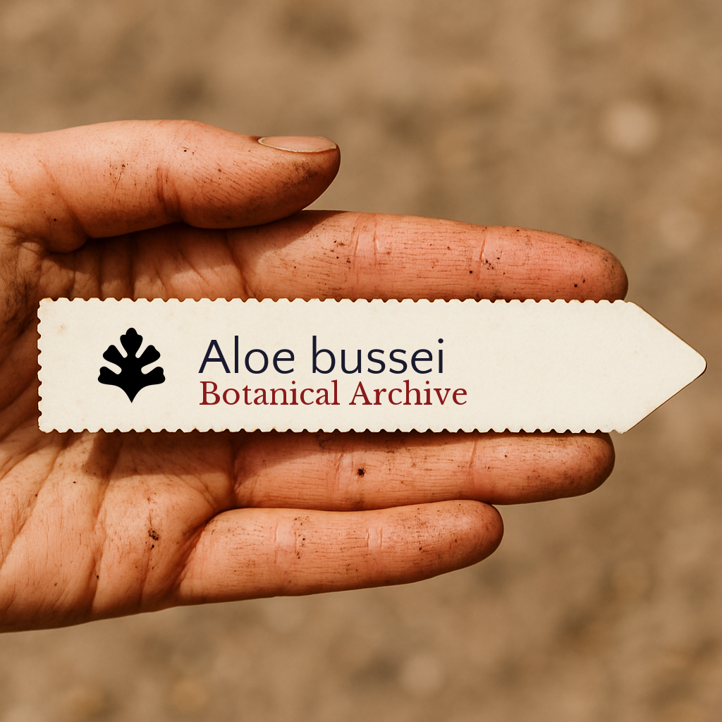 Printed plant label for Aloe bussei held in a dirty hand against blurred background