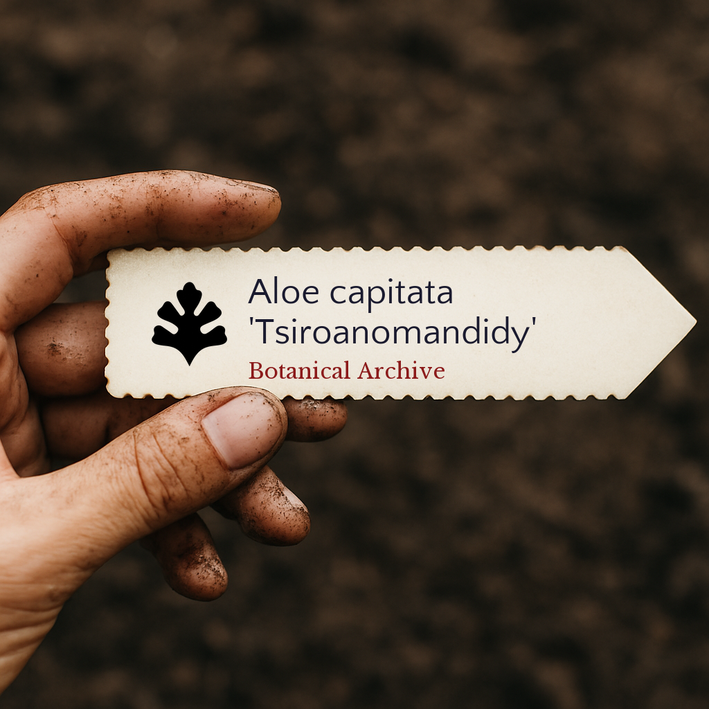 Printed plant label for Aloe capitata 'Tsiroanomandidy' held by dirty hand over soil background