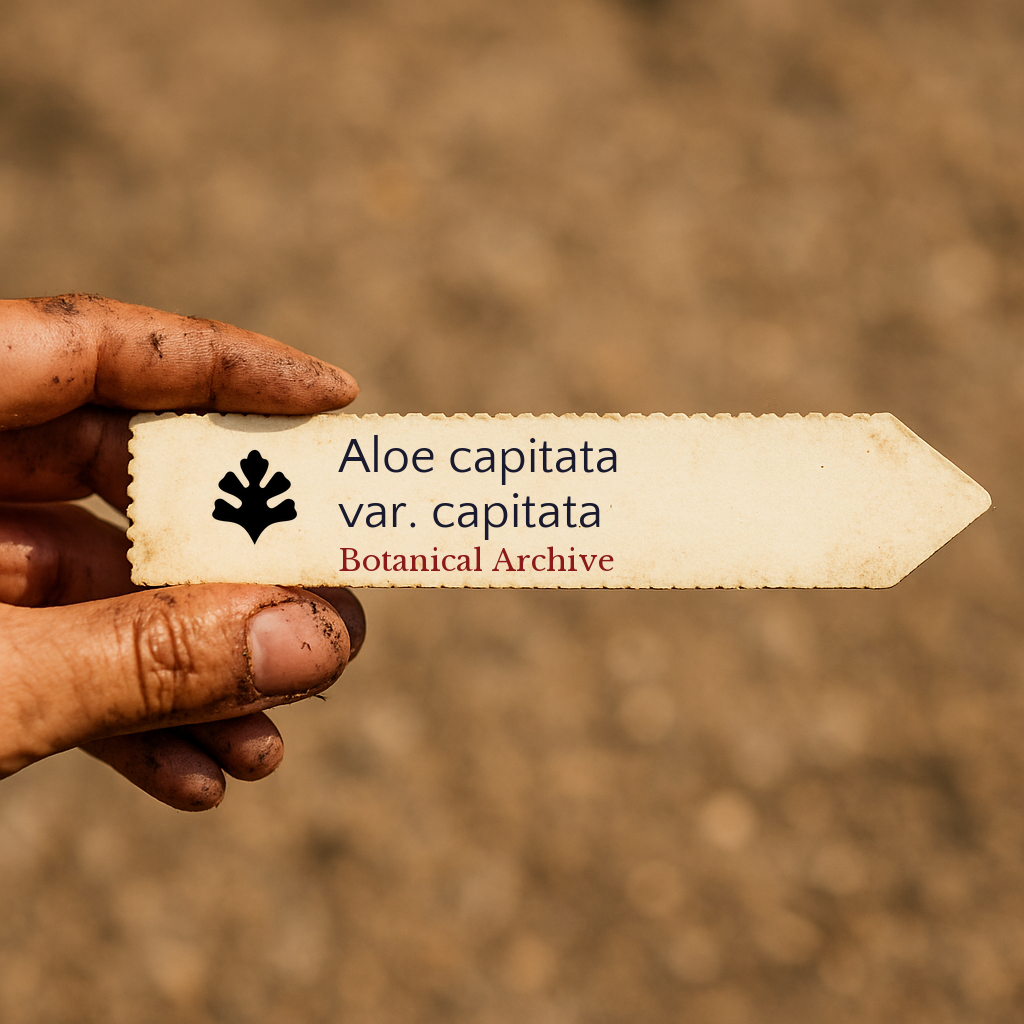 Printed plant label for Aloe capitata var. capitata held by dirty hand outdoors
