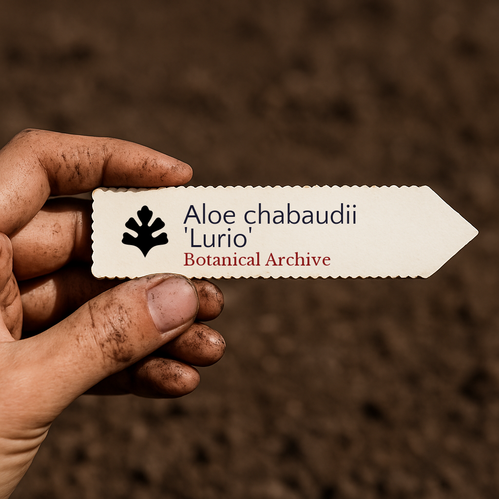Printed plant label for Aloe chabaudii 'Lurio' held by dirty hand over soil background