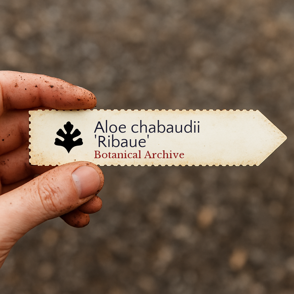 Etichetta stampata per pianta di Aloe chabaudii 'Ribaue' tenuta in mano con sfondo di terra