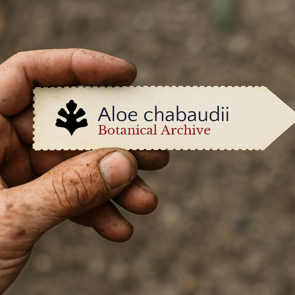 Printed plant label for Aloe chabaudii held by a dirt-covered hand outdoors
