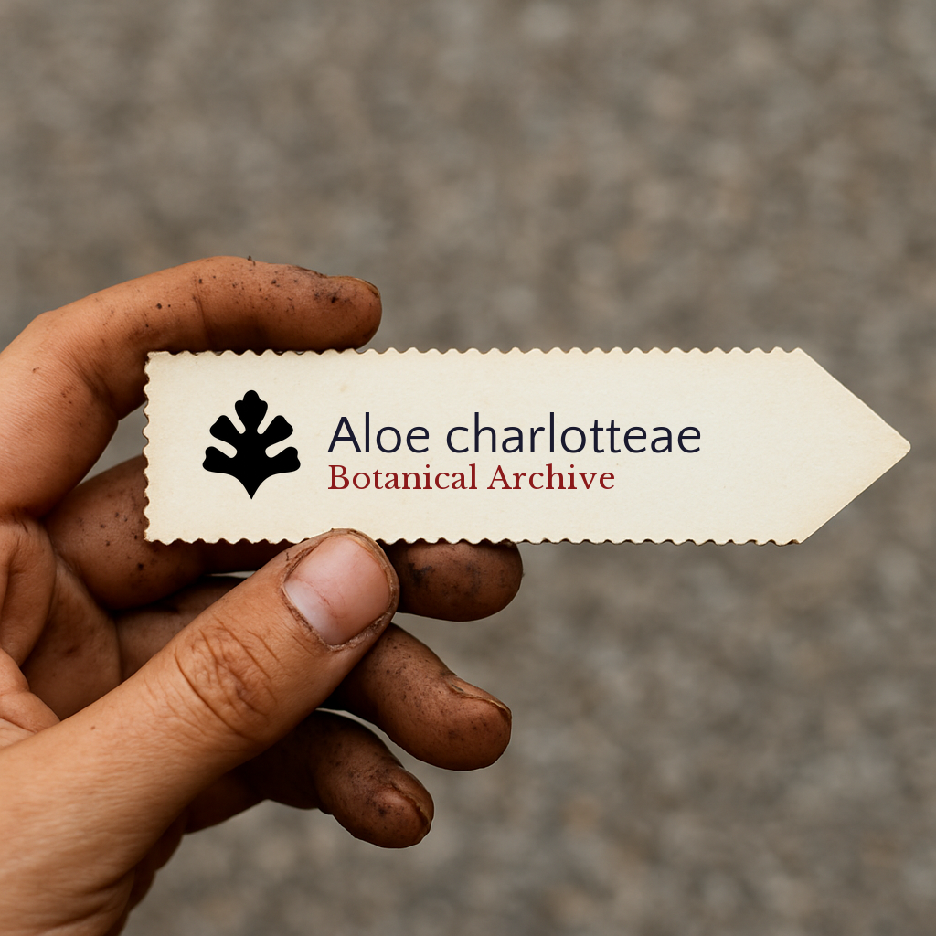 Printed plant label for Aloe charlotteae held by dirty hand against blurred background