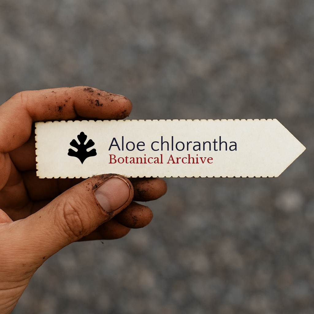 Etichetta della pianta stampata per Aloe chlorantha tenuta da mano sporca su sfondo sfocato