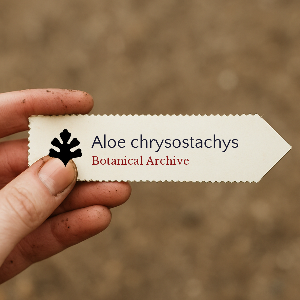 Printed plant label for Aloe chrysostachys held by hand with soil on fingers