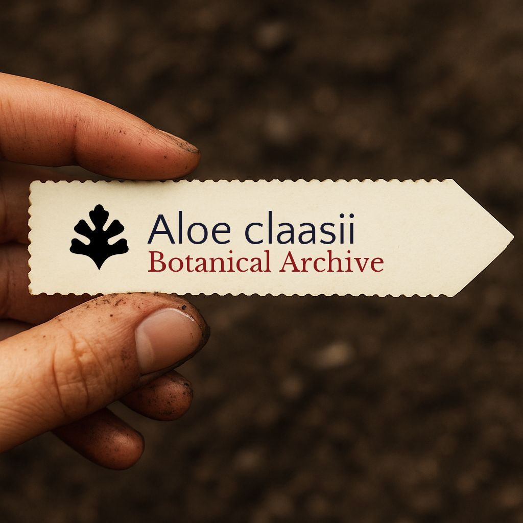 Printed plant label for Aloe claasii held by dirty hand over soil background