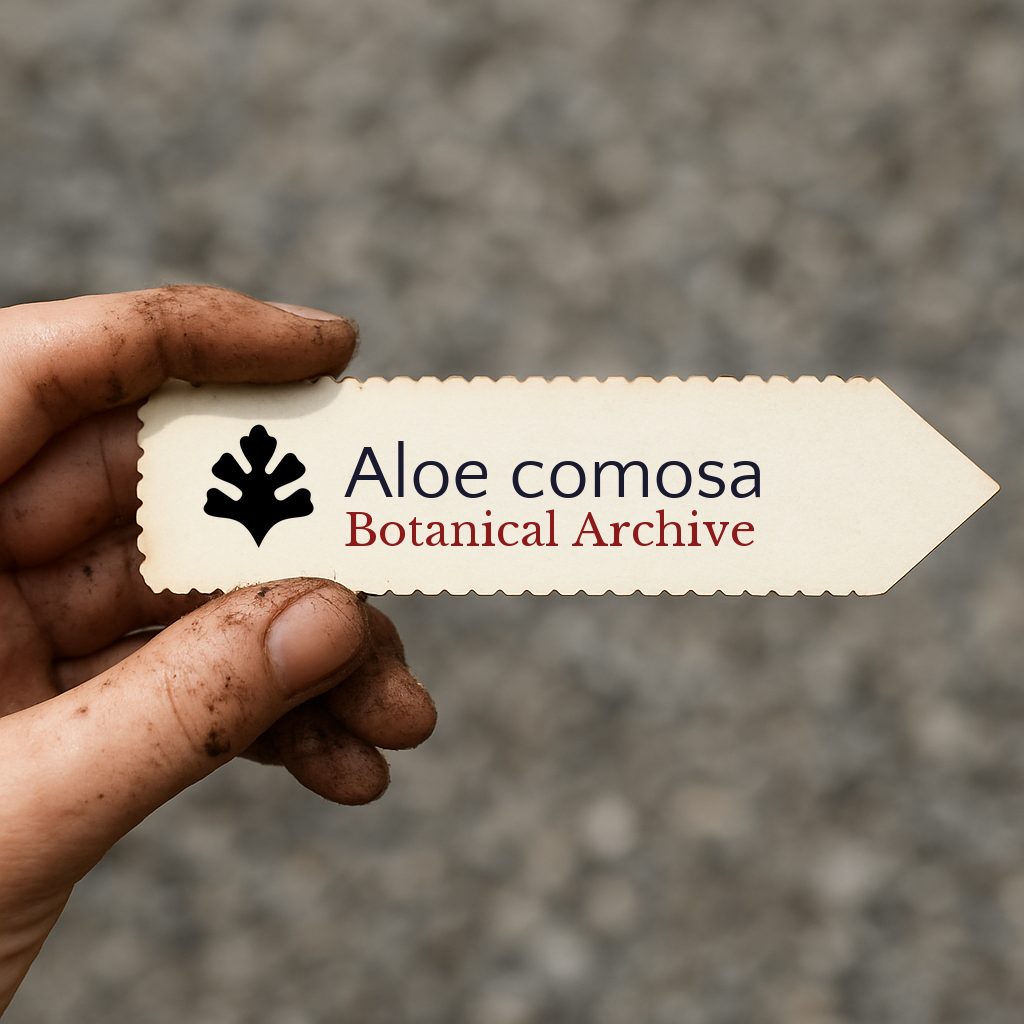 Etichetta stampata per pianta di Aloe comosa tenuta da una mano sporca con sfondo sfocato