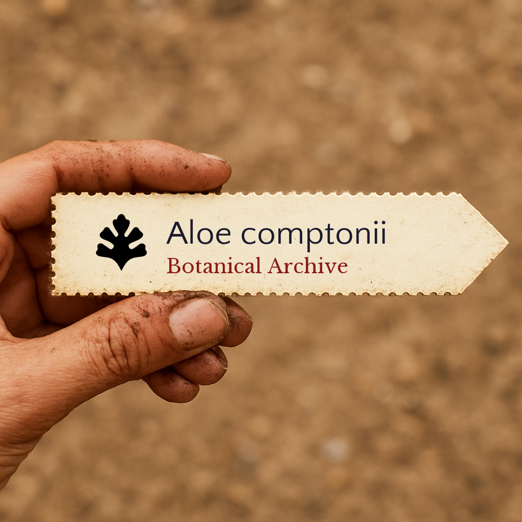 Printed plant label for Aloe comptonii held by hand with soil background