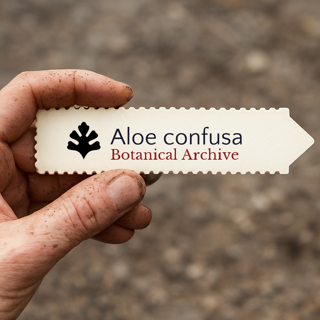 Etichetta per pianta stampata per Aloe confusa tenuta in mano con sfondo di terreno