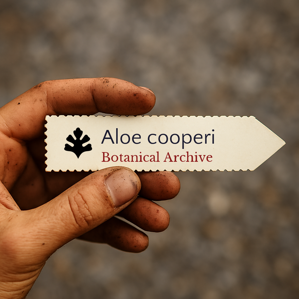 Printed plant label for Aloe cooperi held by dirty hand outdoors