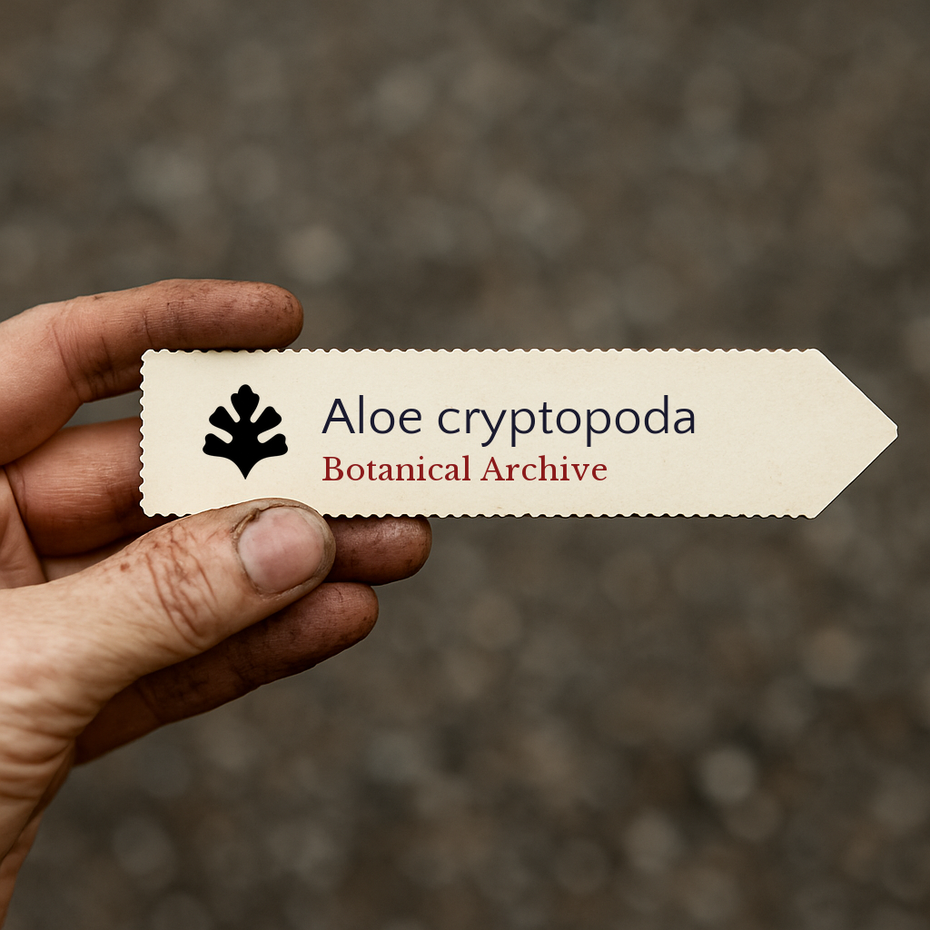 Printed plant label for Aloe cryptopoda held by hand with dirt background