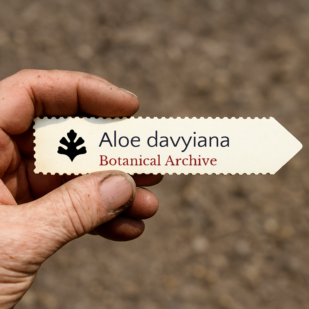Etichetta per pianta stampata per Aloe davyiana tenuta in mano con sfondo sfocato di terreno