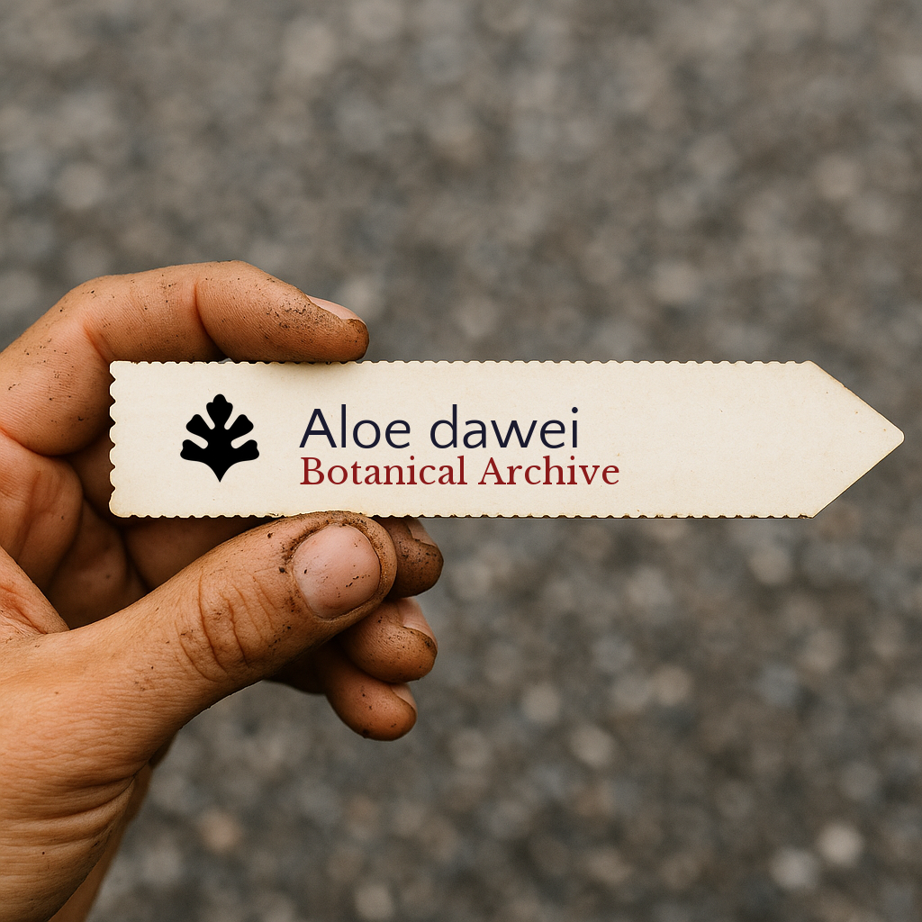 Printed plant label for Aloe dawei held by hand with dirt on fingers