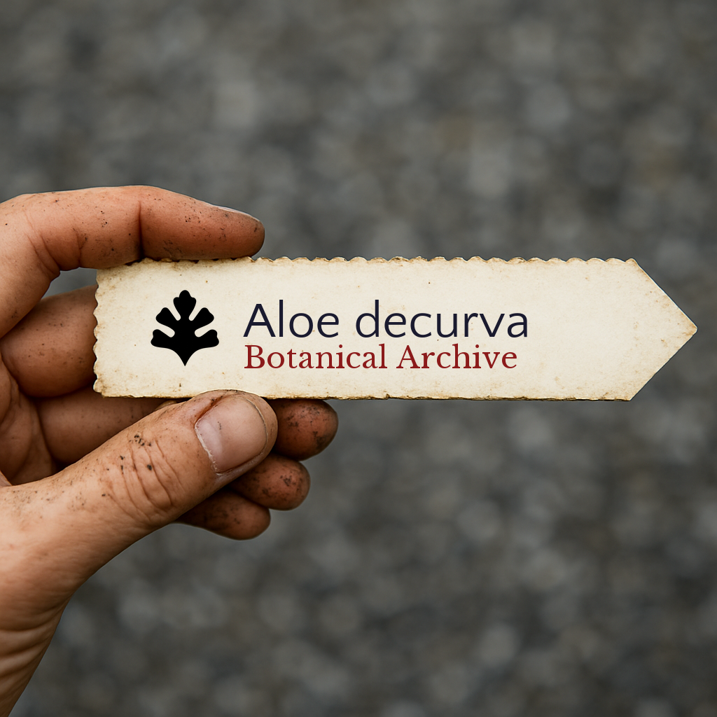 Printed plant label for Aloe decurva with botanical archive logo held by hand