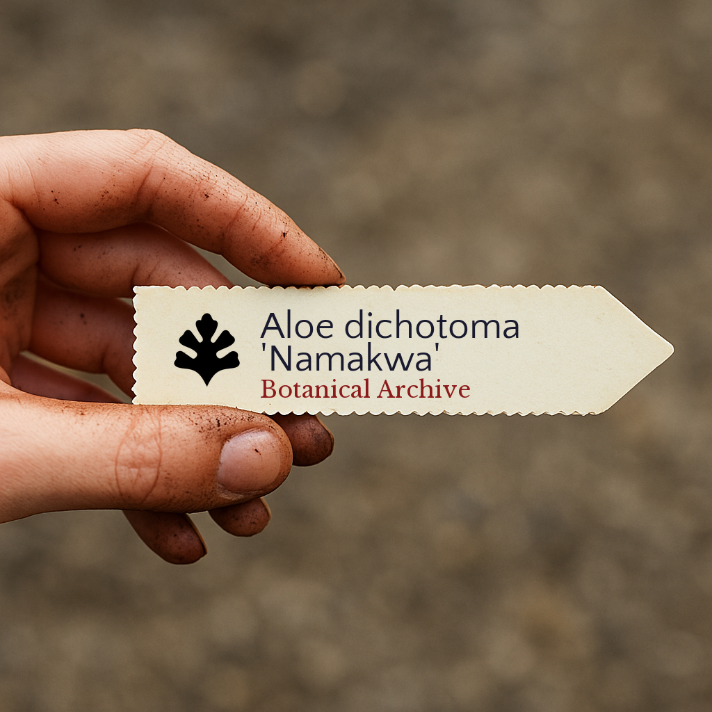 Etichetta per piante stampata per Aloe dichotoma 'Namakwa' tenuta in mano con terra