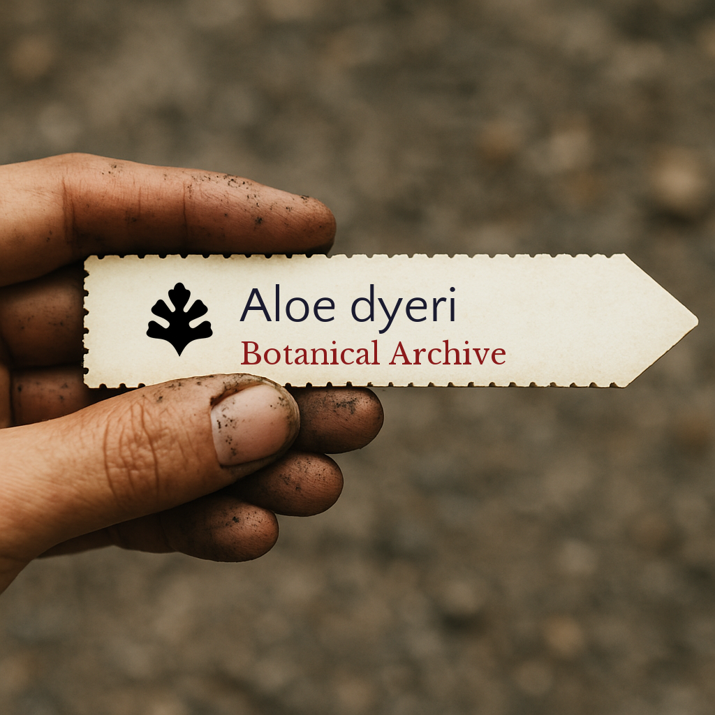 Printed plant label for Aloe dyeri held by dirty hand against blurred background