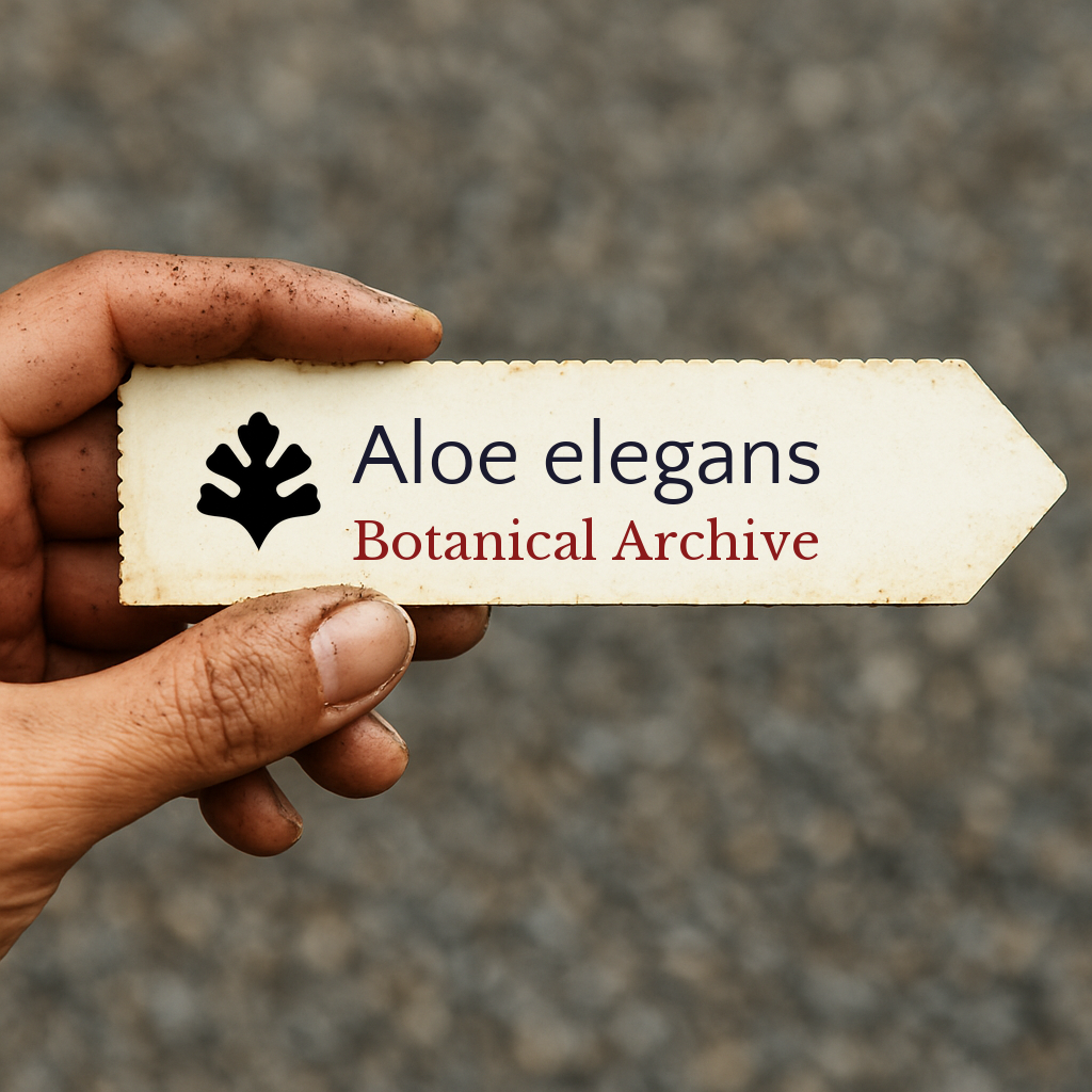 Printed plant label for Aloe elegans held by hand with dirt on fingers