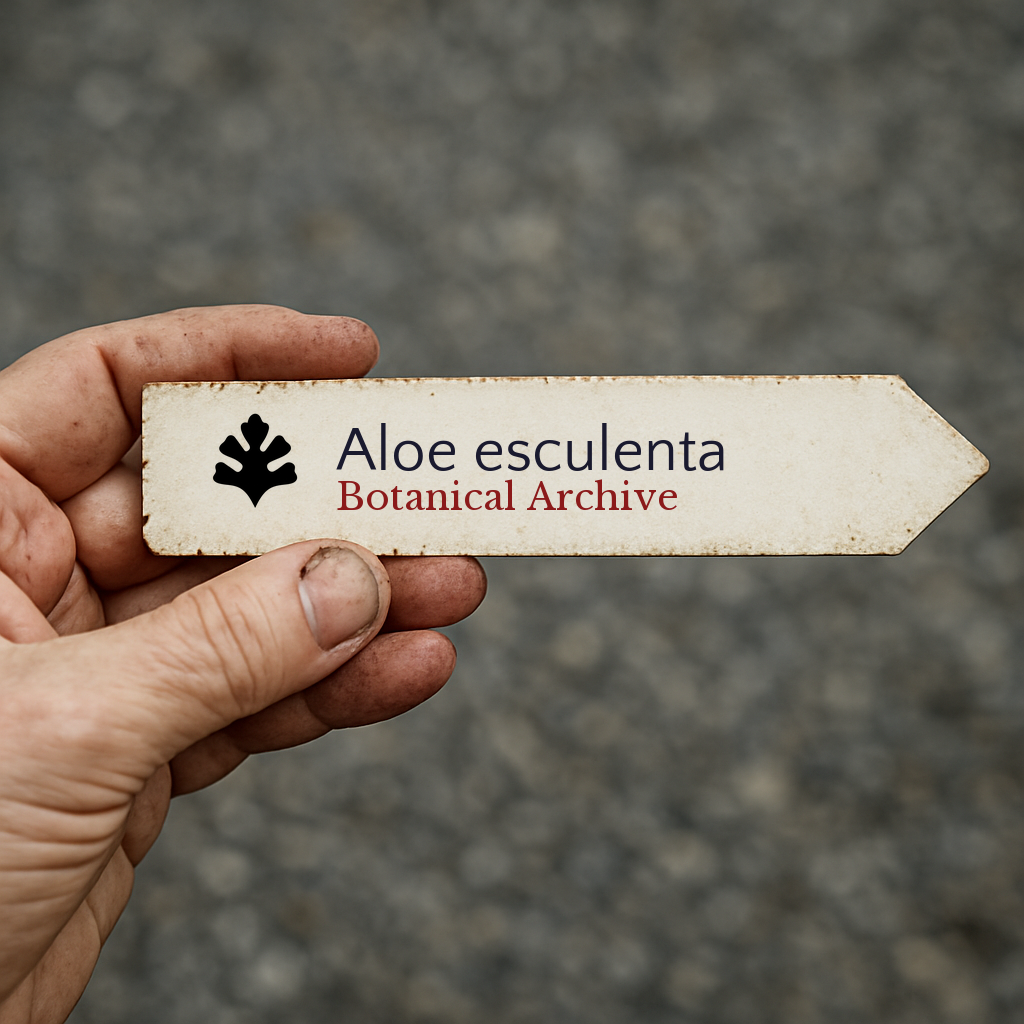 Etichetta direzionale per pianta di Aloe esculenta con testo Botanical Archive tenuta a mano