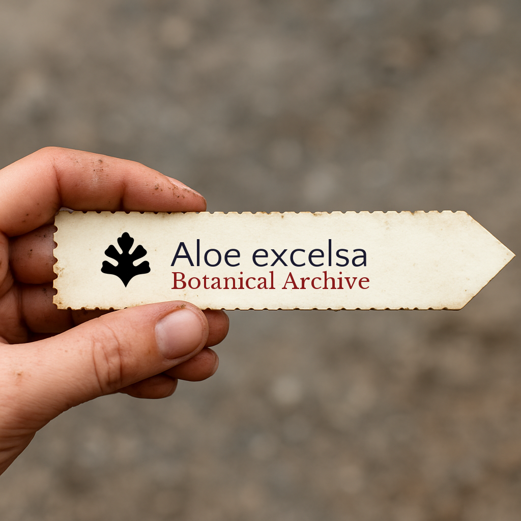 Etichetta stampata per pianta Aloe excelsa con il logo Botanical Archive tenuta in mano