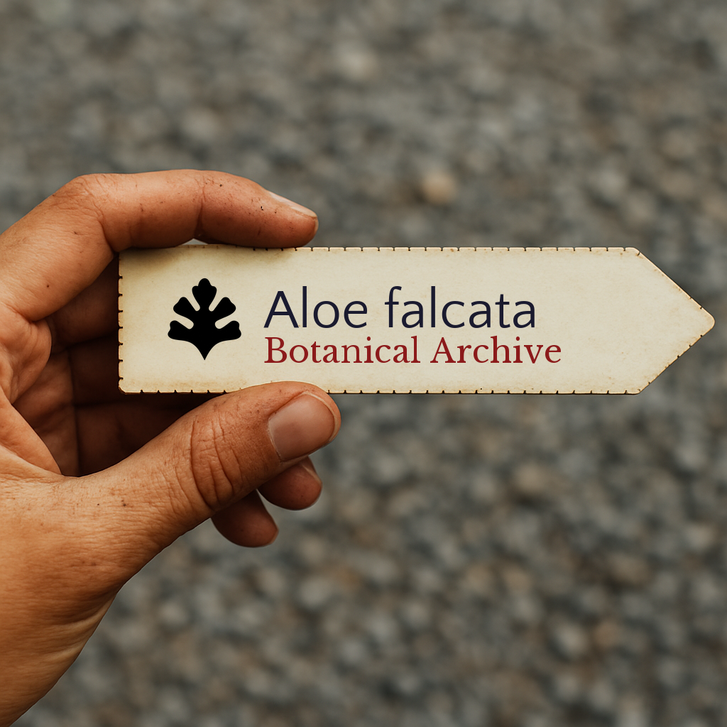 Etichetta stampata per pianta di Aloe falcata con il logo di Botanical Archive tenuta a mano