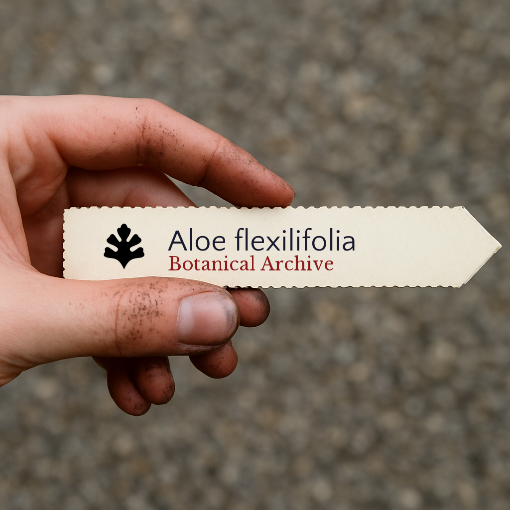 Etichetta per piante stampata per Aloe flexilifolia tenuta da una mano sporca su sfondo sfocato