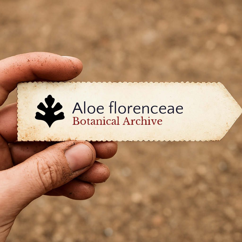 Etichetta per piante stampata per Aloe florenceae tenuta a mano con sfondo di terra