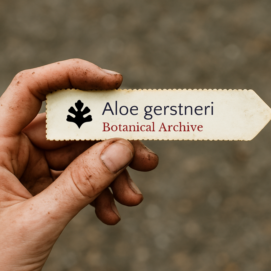 Etichetta vegetale stampata per Aloe gerstneri tenuta in mano con terra sulle dita