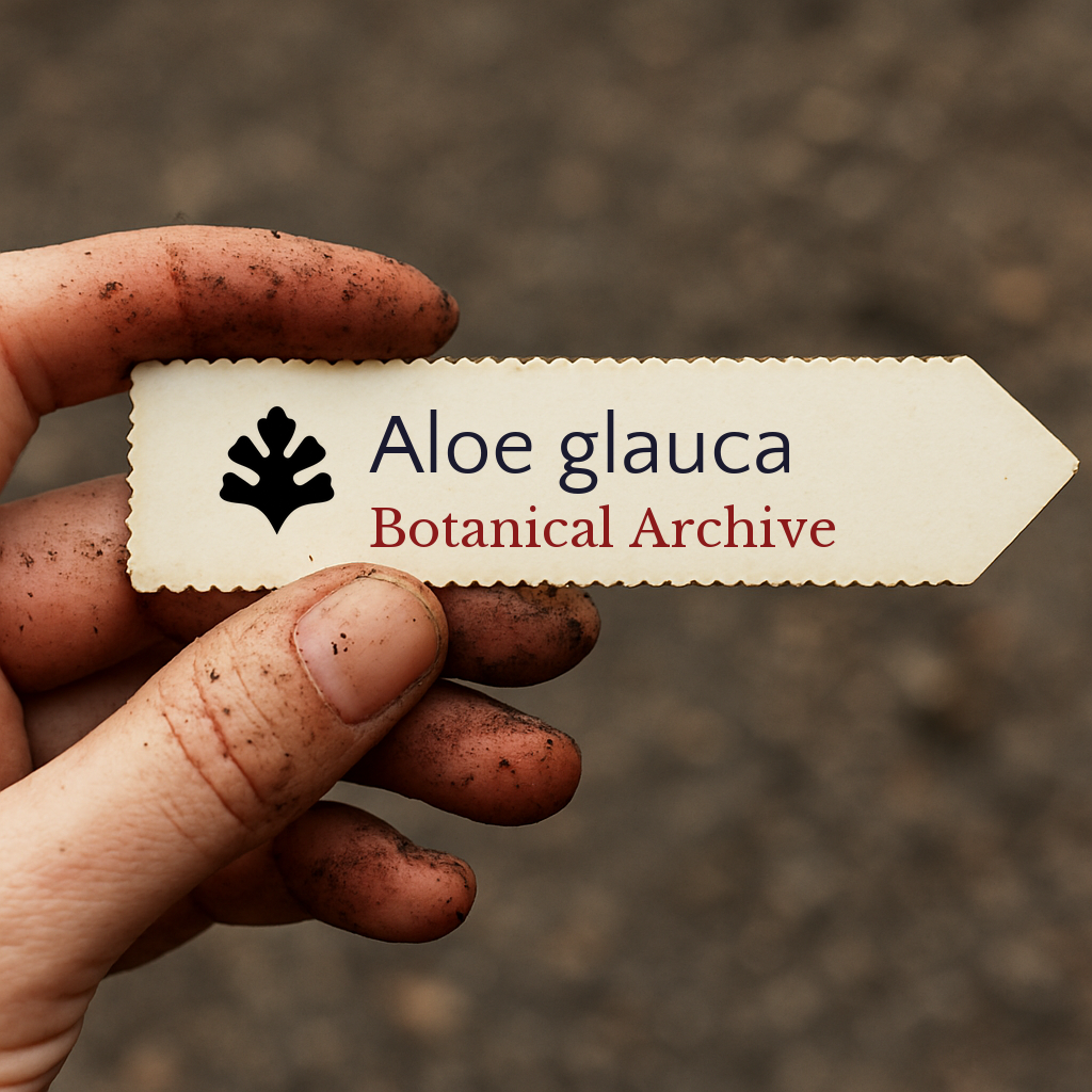 Etichetta stampata per pianta di Aloe glauca tenuta da una mano sporca con sfondo di terreno sfocato