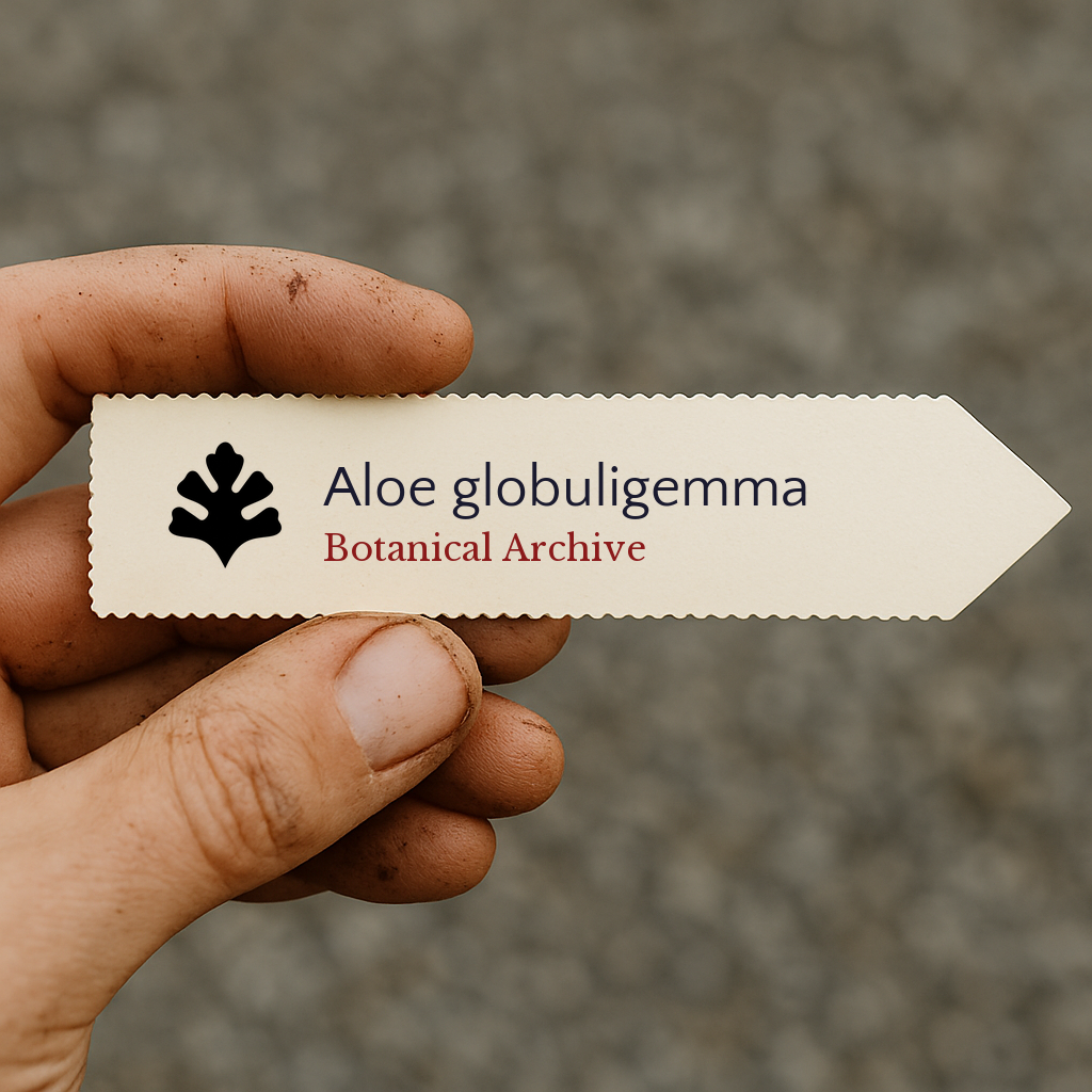 Printed plant label for Aloe globuligemma held by hand with dirt on fingers
