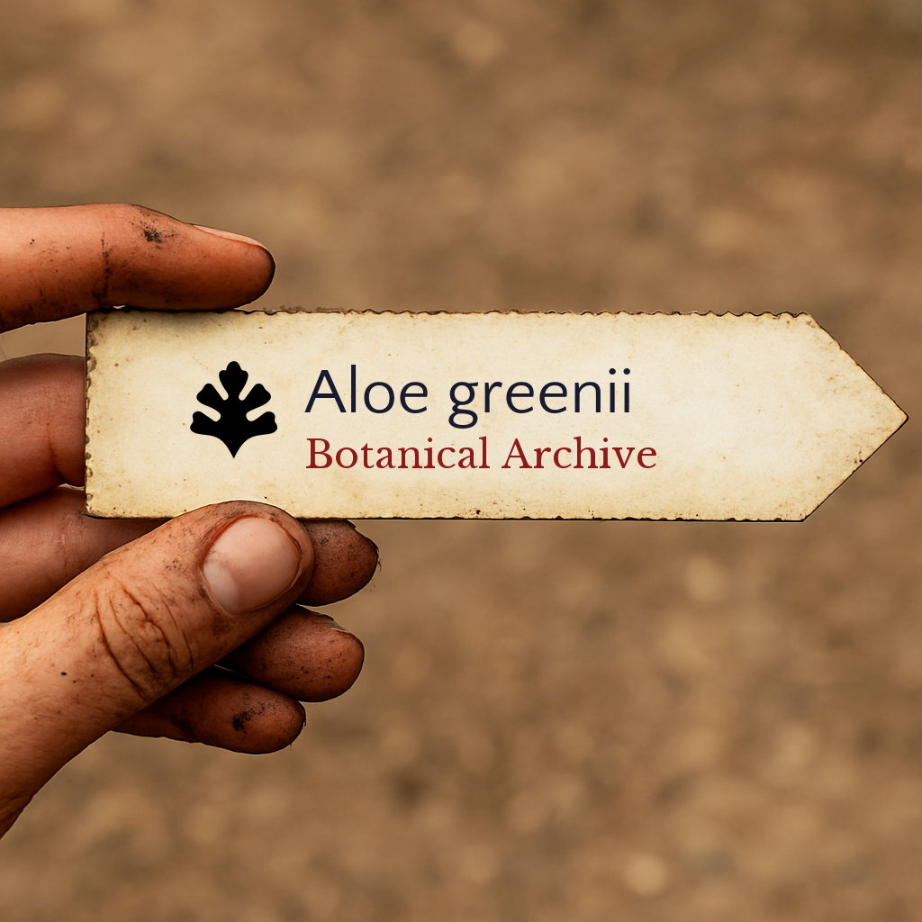Etichetta per piante stampata per Aloe greenii tenuta da una mano sporca con sfondo sfocato